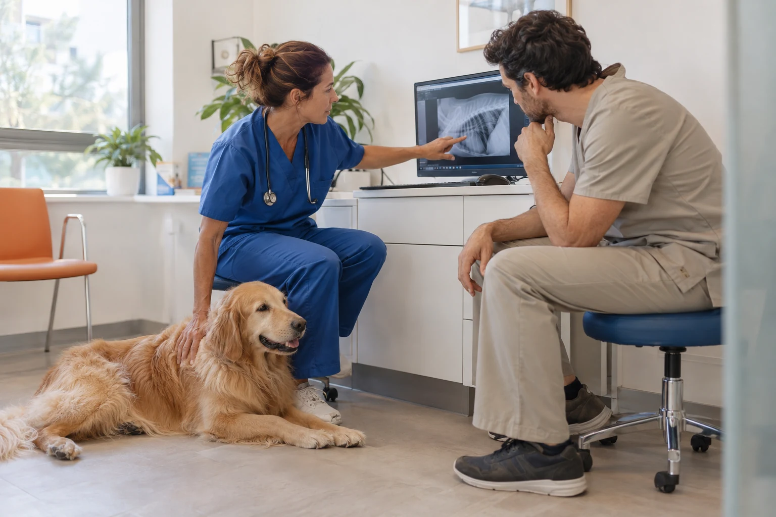 Escena ilustrativa de dos profesionales veterinarios compartiendo la revisión de una radiografía, junto a un perro